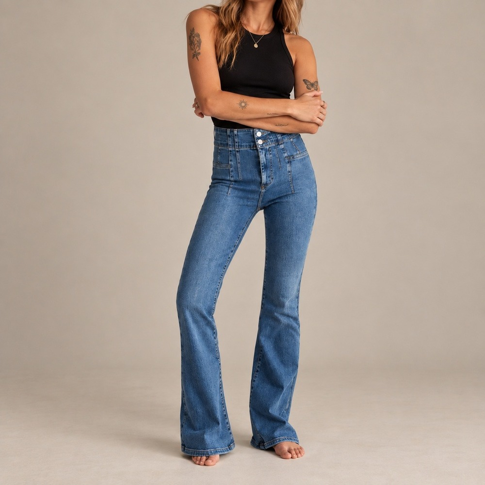 We The Free People High Rise Flare Jeans Blue Corset Waist Seam Denim 24